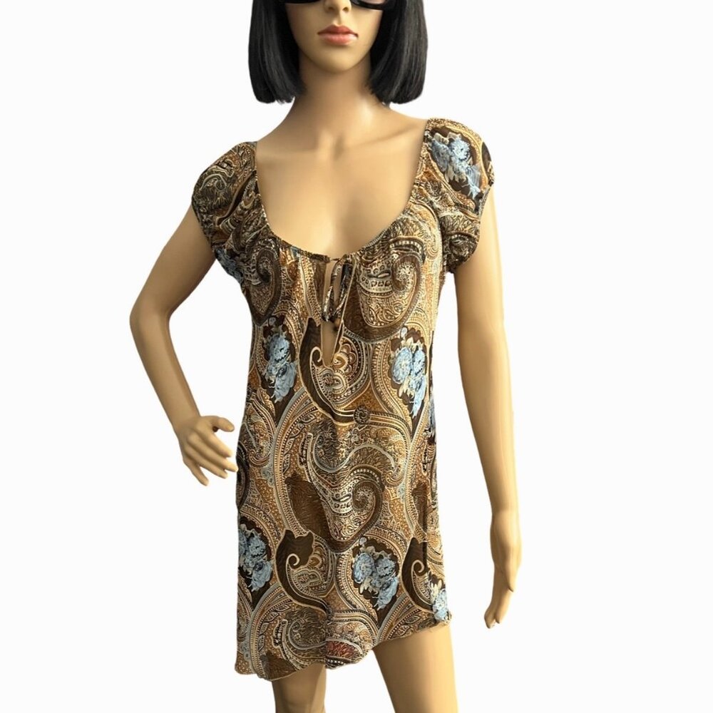 VTG 90's / Y2K Espresso Paisley Print Keyhole Front Tunic Top Mini Dress